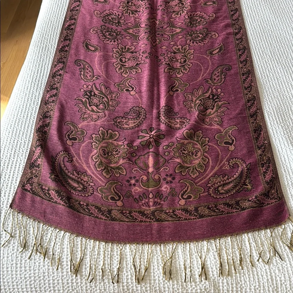 Purple Floral Paisley Embroidered Scarf with Fringe